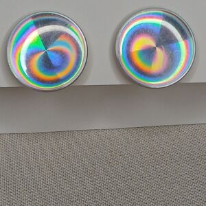 Vintage Sterling Silver Screw Back Holographic Disc Earrings Iridescent Dome